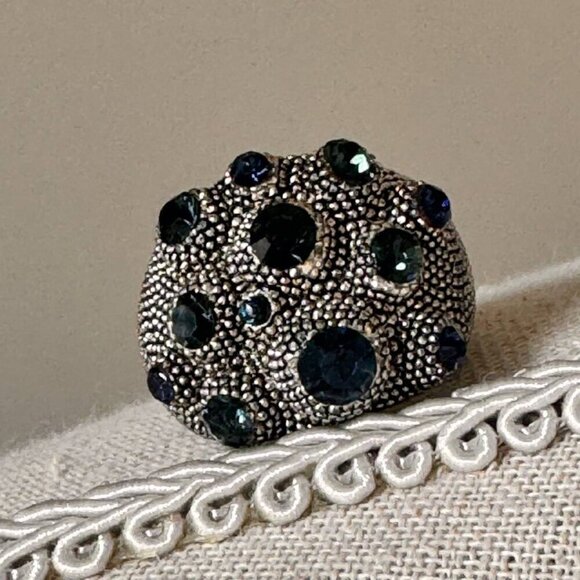 Jewelry - Vintage Custom Silver Tone Textured Statement Ring with Blue Stones - Size 7